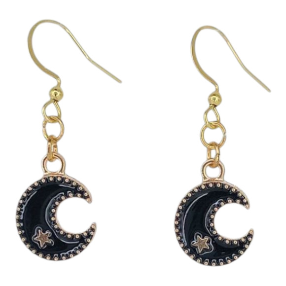 Black Crescent Moon Star Earrings ✨ Celestial Gold Dangle Jewelry - Picture 1 of 4